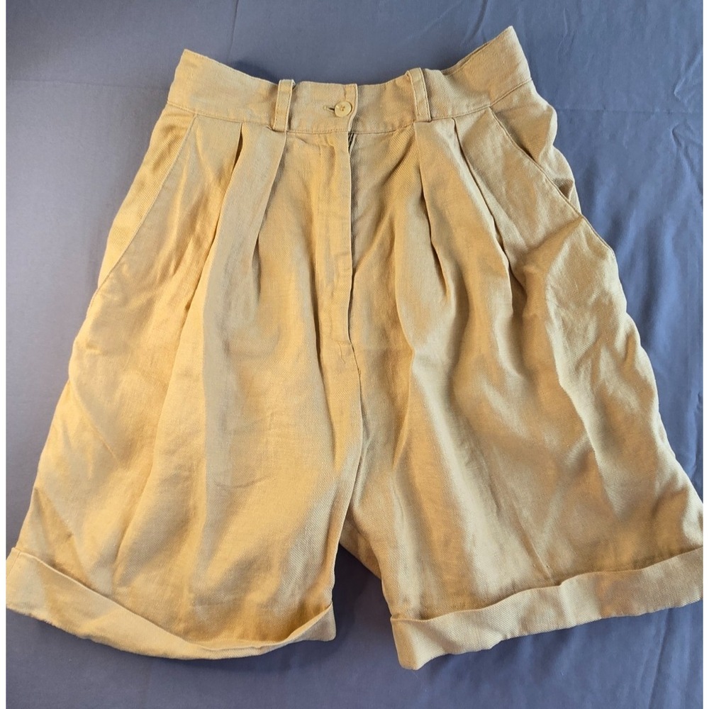 Vintage High Waist Pleated Shorts Pastel Yellow Linen Cuffed Hem Size M